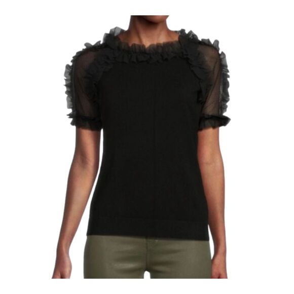 Sioni Women's Black Mixed Mesh & Ruffle Short Sleeve Blouse Size M - Picture 4 of 6